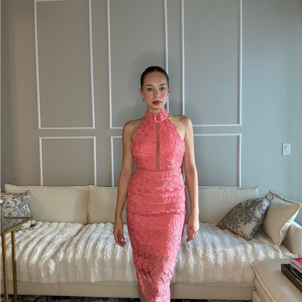 Bardot Coral Lace Midi Dress